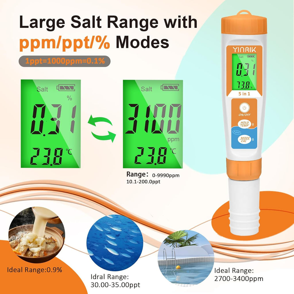 YINMIK Pool Salt Tester New Update 5 in 1 pH TDS EC Salinity Meter