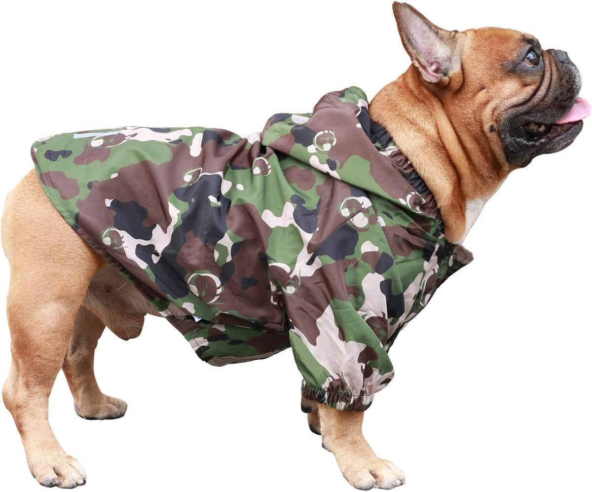 iChoue Dog Cold Weather Coats Water Resistant Raincoats Lightweight Windbreaker Hooded Jackets for French English Bulldog Pitbull Pug Boston Terriers Outdoor Rain Coat - Camouflage, Small