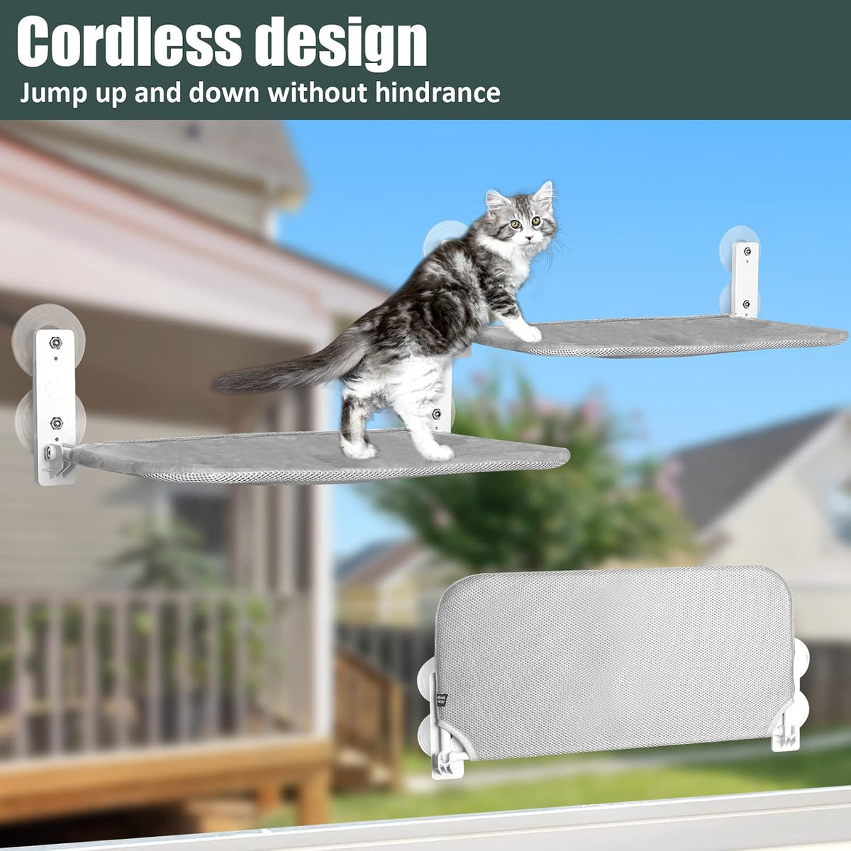 Sunhoo Cat Window Hammock Perch Cordless Perches Window Sill Seat Bed Foldable Stable Lounger Upgraded Suction Cup Easy Assembly Indoor Cats Kitty Shelf Hold Up to 55lbs (Grey, M)