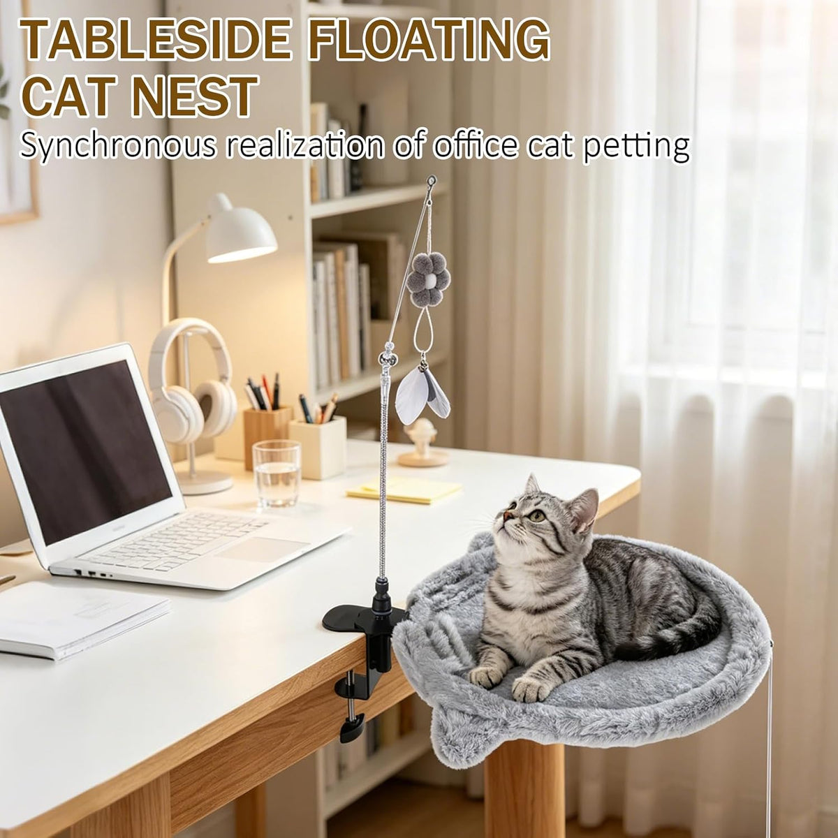Plush Round Desk Mounted Cat Bed with Interactive Toys & Detachable Teaser Wand – Clamp-On Adjustable Cat Hammock for Desk, Space-Saving Elevated Cat Perch Holds up to 25 lbs