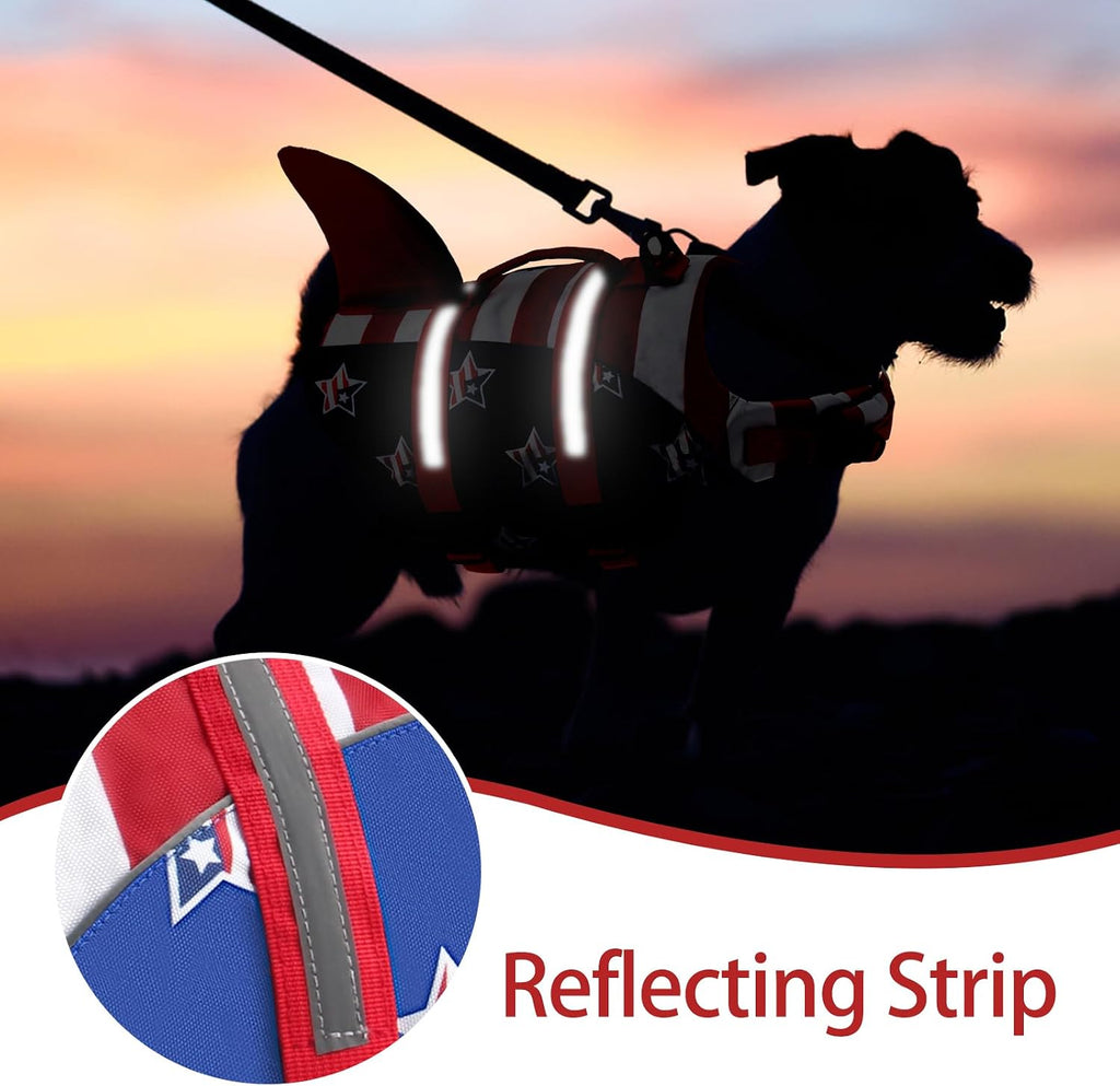 Dog Life Jacket, American Flag Ripstop Shark Dog Life Vest for Swimming & Boating, High Buoyancy Reflective Pet Vest with Rescue Handle, for X-Small/Medium/Large/X-Large Dogs (USA Flag, M)