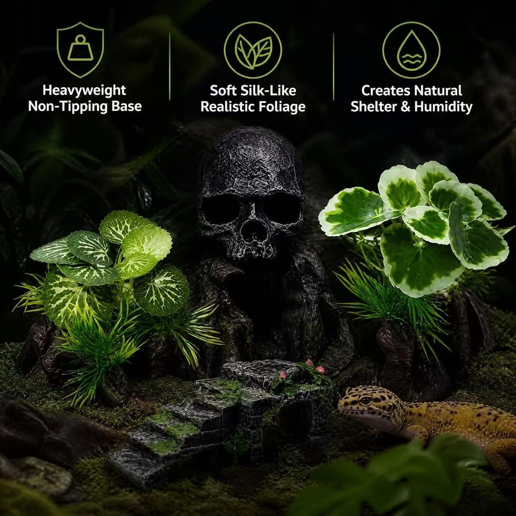 Reptile Hide Cave, 6 Pcs Terrarium Decor Set: Snake Hideout, Skull, Rock Shelter, Water Dish, Basking Bridge & Artificial Plants for Ball Python, Leopard Gecko, Bearded Dragon Tank Accessories
