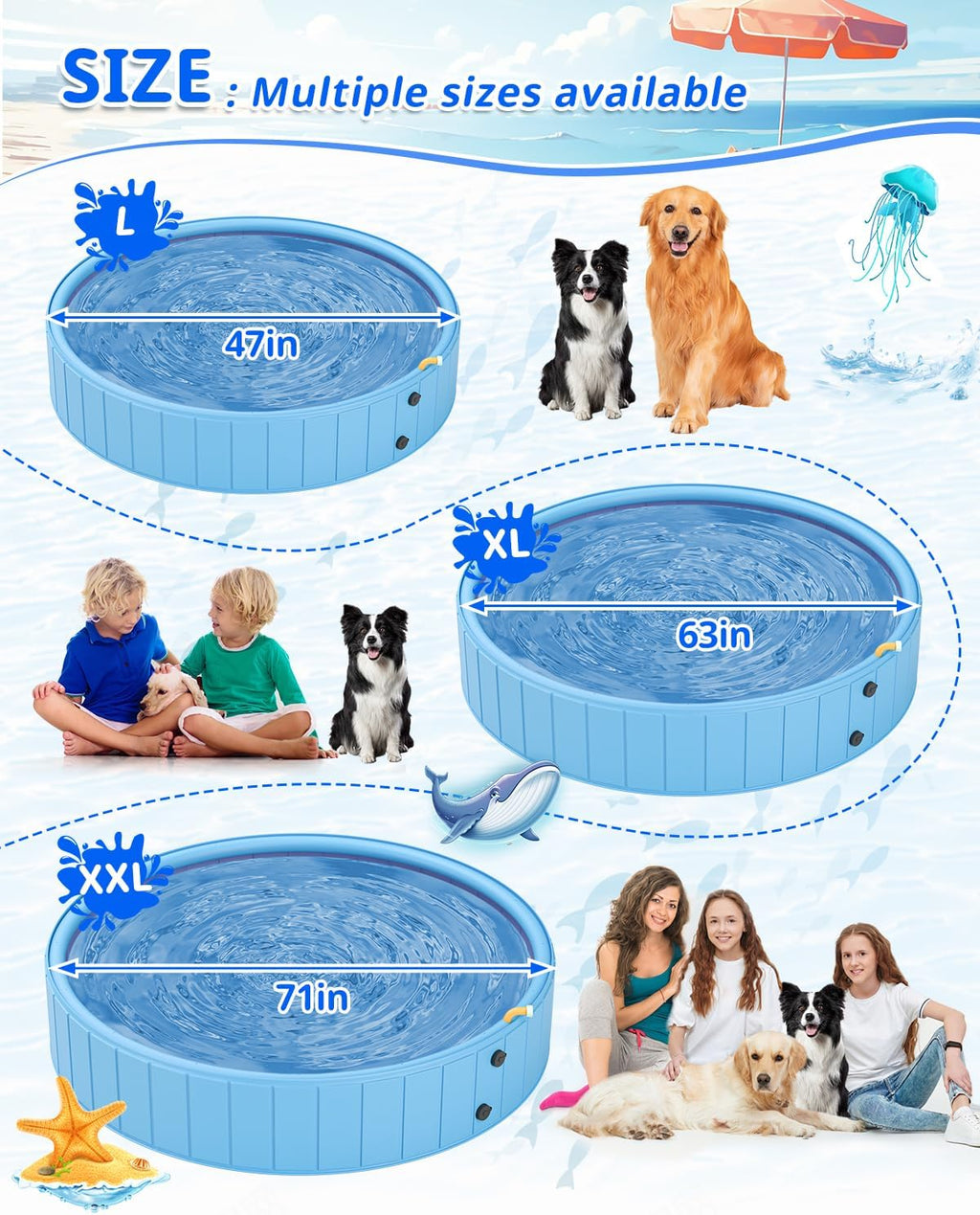 YSJILIDE Dog Pools for Large Dogs, 2-in-1 Sprinkler Pool for Kids Non-Slip Dog Swimming Pool for Outdoor Backyard Kids Dogs Ducks and Pet Baths 63" x 12"