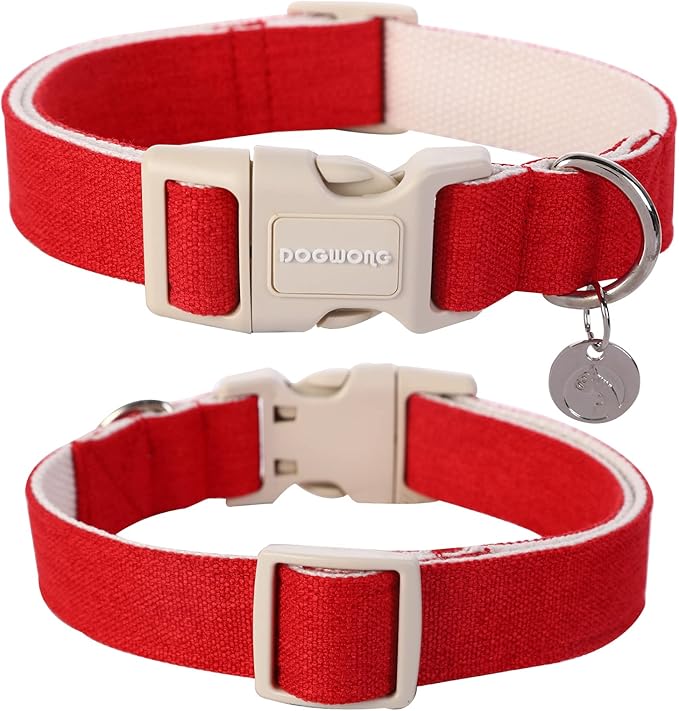DOGWONG Cotton Hemp Dog Collar, Heavy-Duty Red Dog Collar Adjustable Soft - Image 3