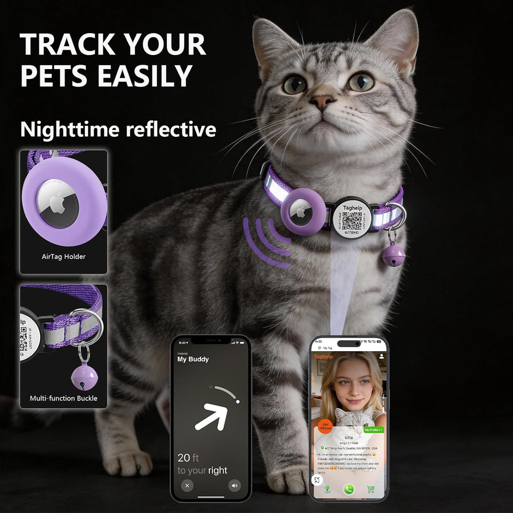 2 Pack Airtag Cat Collar, Breakaway Cat Airtag with Smart ID tag - Purple