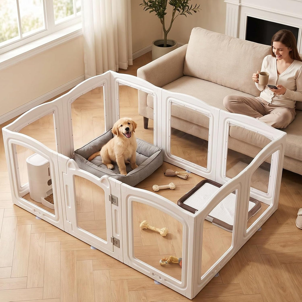 Clear Acrylic Dog Playpen Indoor, 24" H 8 Panel Dog Fence with Door, White