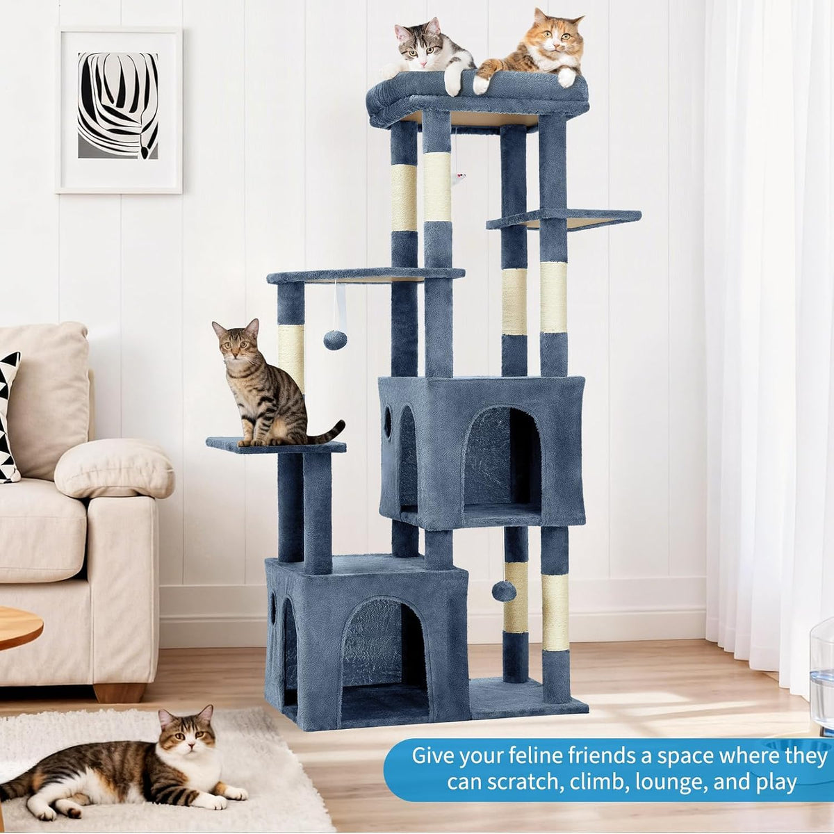 61" Heavy-Duty Multi-Level Cat Tree Tower for Large Cats – Jumbo Perch, Dual Spacious Condos, Robust Sisal Scratching Posts, Play Toys, Stable Modern Cat Activity Center for Maine Coons
