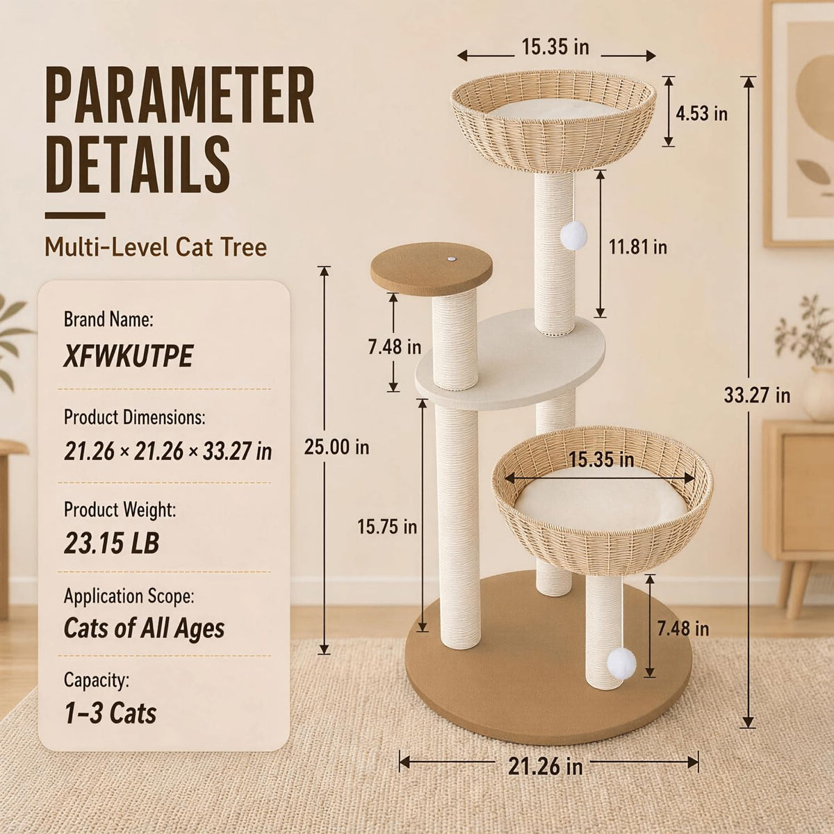 33in Modern Cat Tree for Indoor Cats, Small Cat Tower