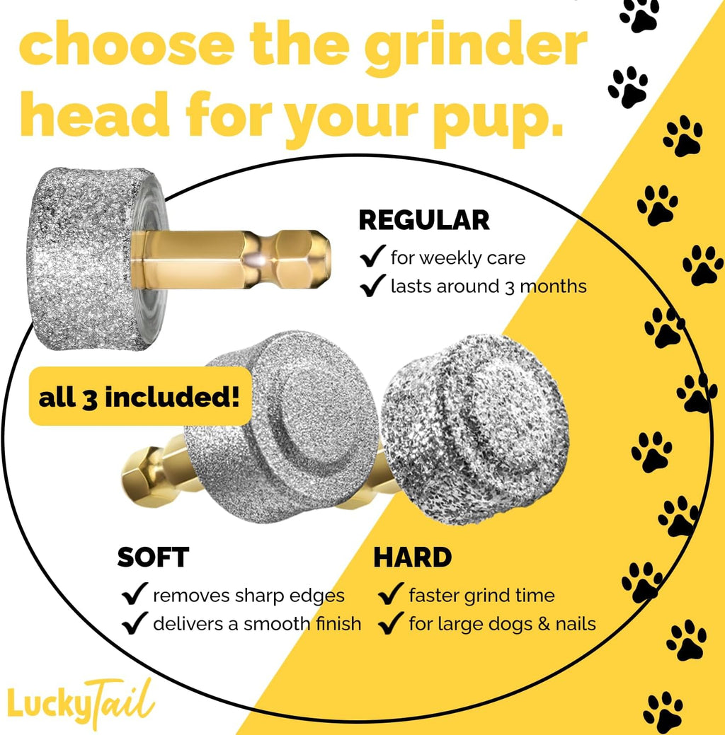 LUCKY TAIL - Dog Nail Grinder - Regular, Hard & Soft Replacement Head - Small & Large Dogs - Premium Quality - Diamond Tip Drill Bit - Professional Dog Nail Trimmers - Grooming Kit - 3 Pack