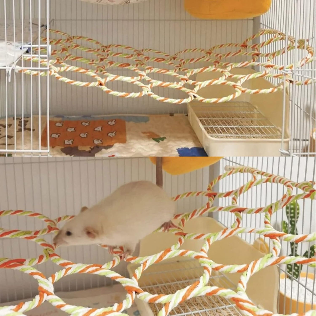 1Pcs Rat Climbing Rope Net Toy for Cage, Bird Hemp Rope Perch Swing, Ladder Ropes Bridge Hanging Hammock & Wooden Rat Climbing Toys, Natural Pet Rats Cage Accessories Climb Ladder