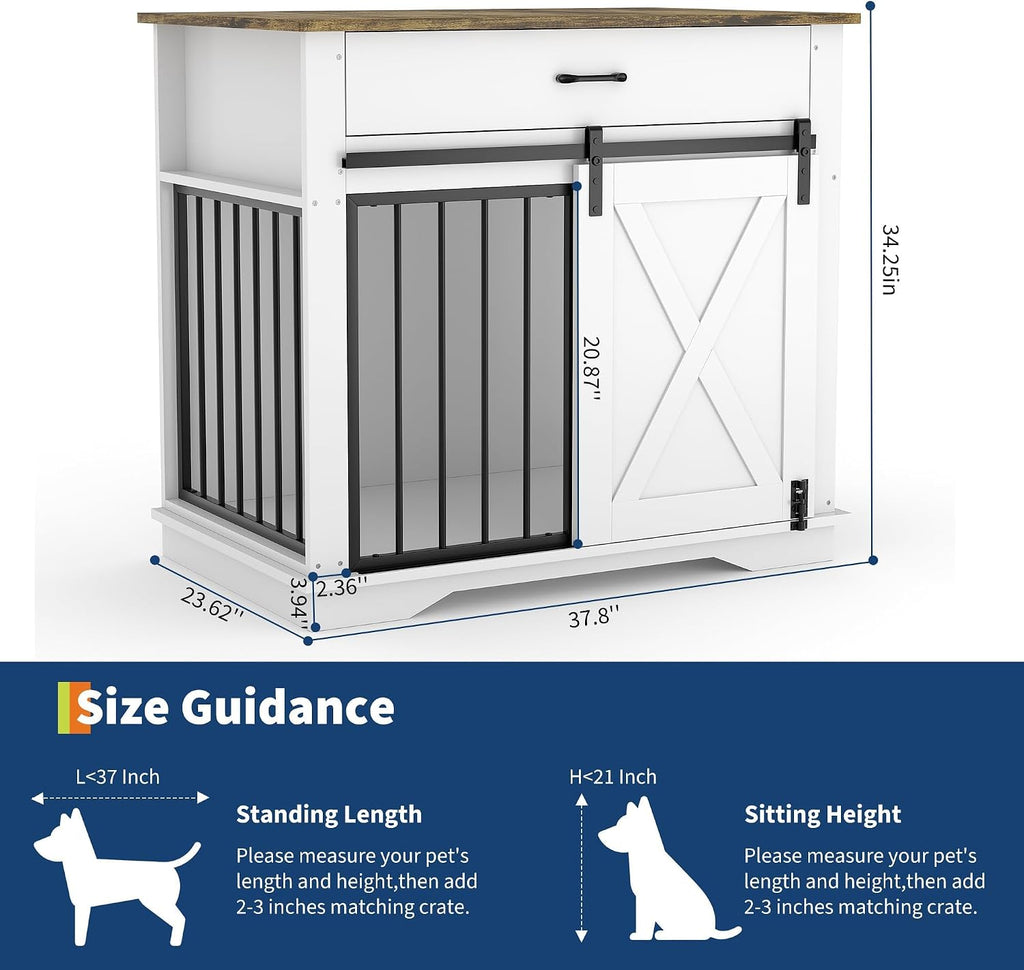 Garvee 38" Farmhouse Style Dog Crate Furniture - Indoor Wooden Dog Kennel with Sliding Barn Door, Buffet Cabinet with Storage Drawer & Pet Cage House Side Table for Small Medium Large Dogs