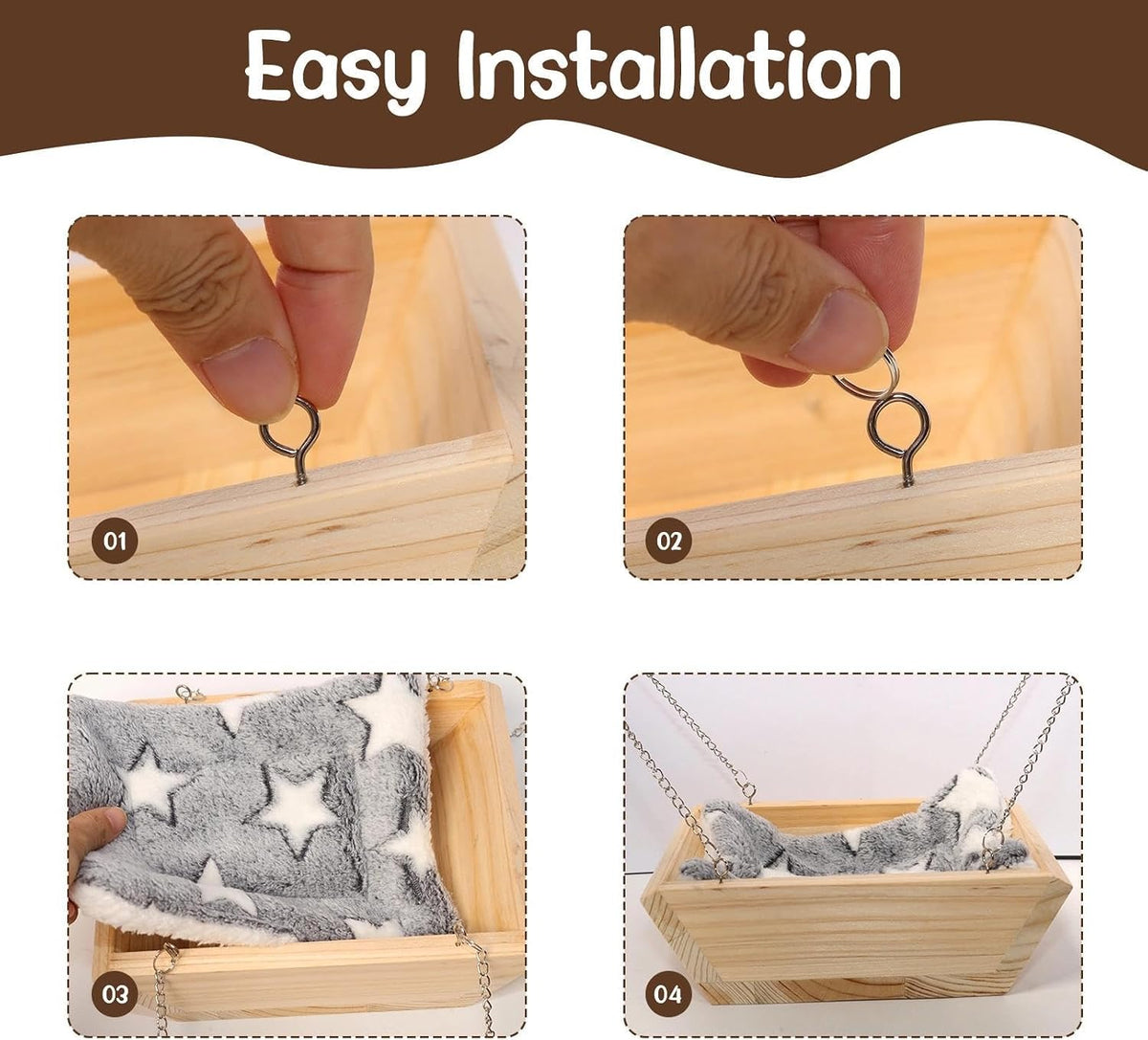 Large Wooden Hanging Bed with Plush Mat, Hammock for Chinchilla Rat Guinea