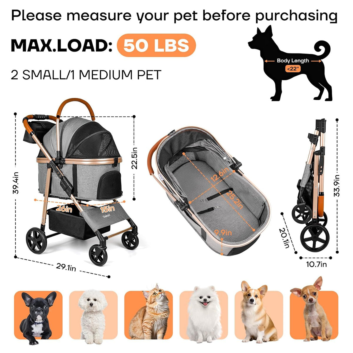 Dog Cat Stroller for Small/Medium Pets, 50 lbs, 3-in-1 Pet Stroller, Grey