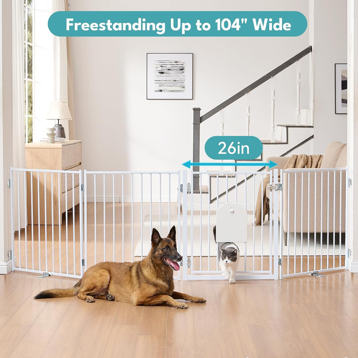 No Pawblems Freestanding Dog Gate with Cat Door for Indoor & Outdoor, White