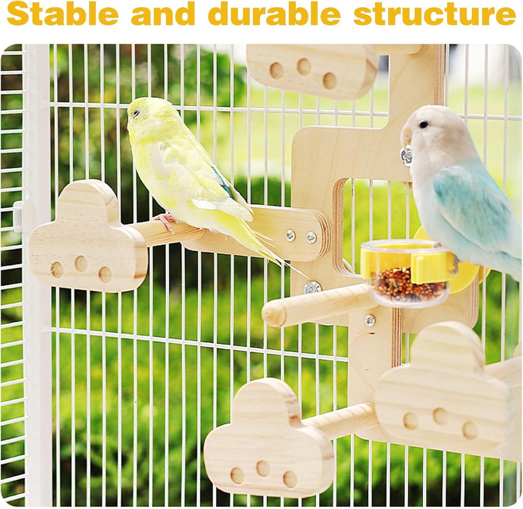 Parrots Playground,Natural Wood Perch Stand with Feeding Cups,Parrots Play Gym,Birds Perch Stand for Budgie Conures Cockatoos Lovebirds(Includes PVC Food Bowl)