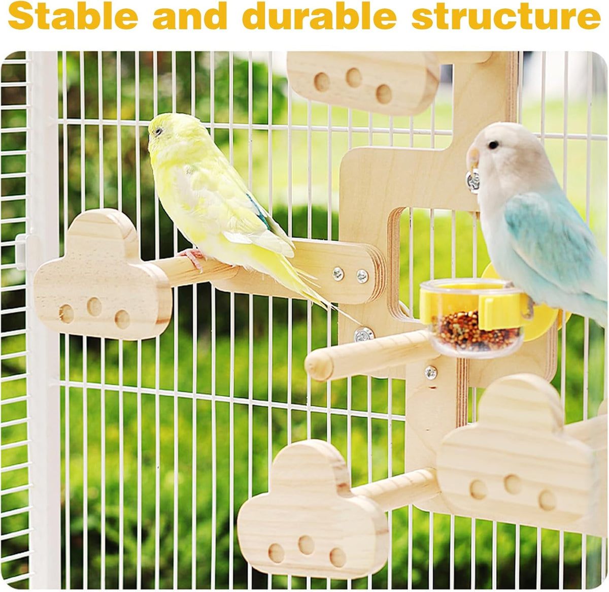 Parrots Playground,Natural Wood Perch Stand with Feeding Cups,Parrots Play Gym,Birds Perch Stand for Budgie Conures Cockatoos Lovebirds(Includes PVC Food Bowl)