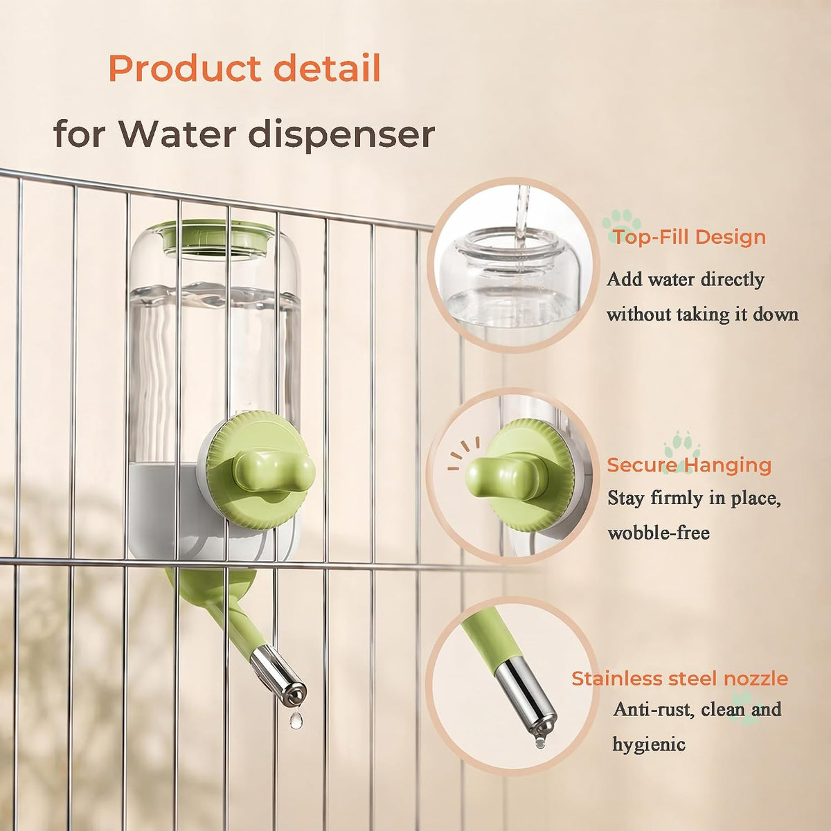 Automatic Hanging Pet Water Dispenser for Cage, 30oz No-Drip Ball Water Bottle for Rabbit, Guinea Pig, Ferret, Chinchilla, Hedgehog & Small Pets (Green)