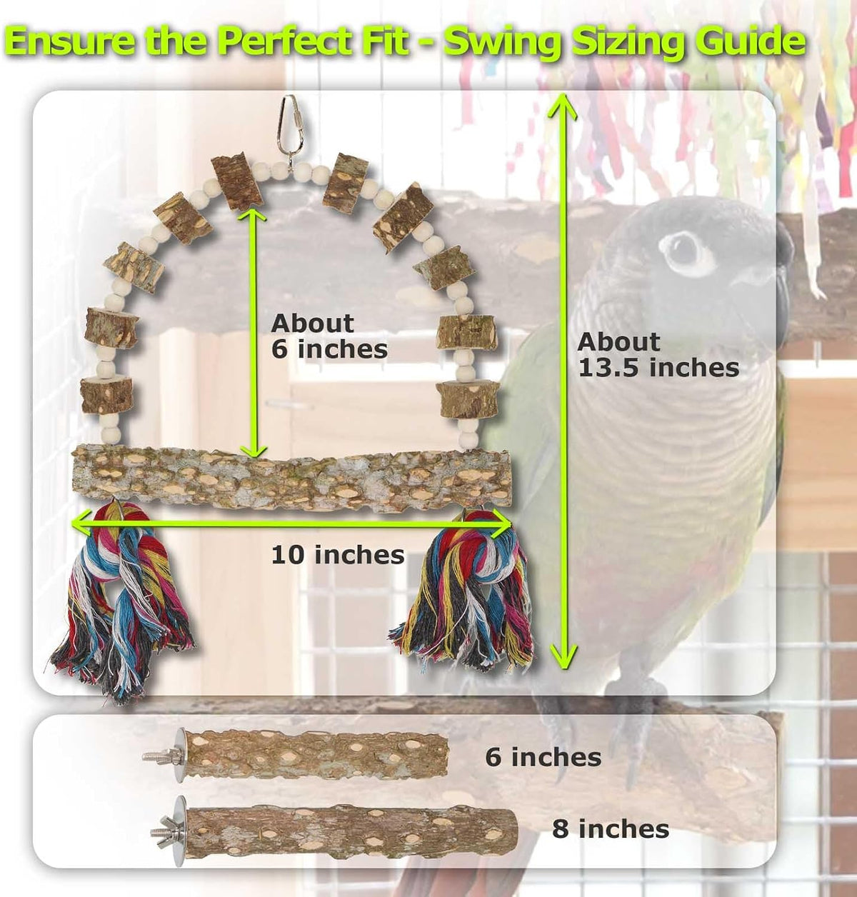 Bird Perch Swing, Large Natural Wood Parrot Toys, 1PC Parrot Swing and 2PCS Perches, Bird Cage Accessories