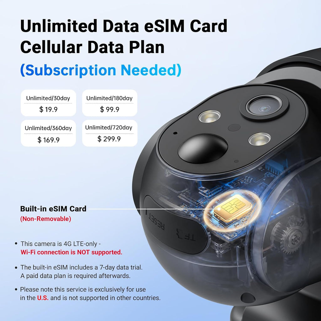 4G LTE Cellular Security Cameras, 24/7 Recording, Solar Powered Outdoor Cam No WiFi Needed for Farm&Ranch, 2K Night Vision, Built in eSIM Card(Support Verizon/AT&T/T-Mobile) - Black