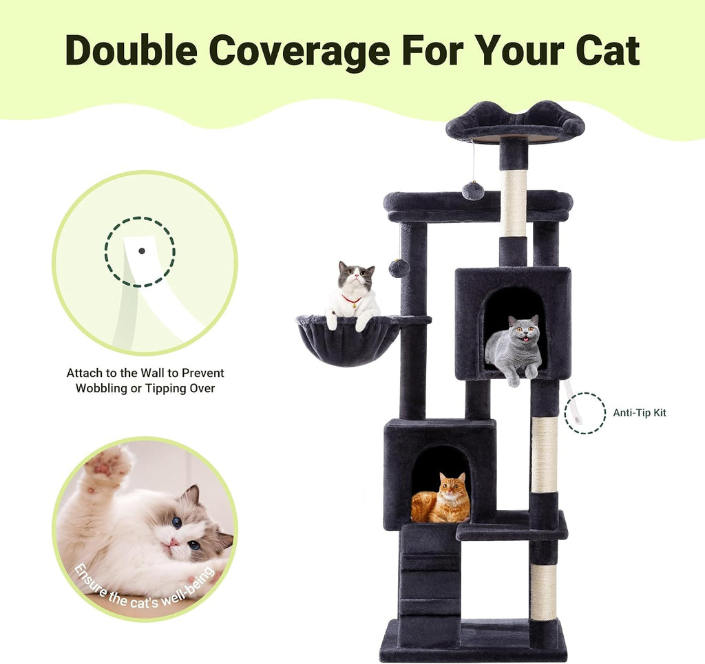 Allewie 64 Inches Multi-Level Cat Tree Tower for Indoor Cats, Dark Grey