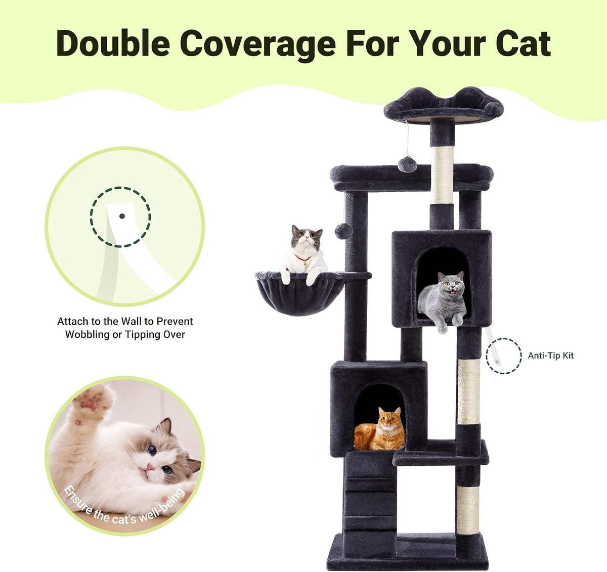 Allewie 64 Inches Multi-Level Cat Tree Tower for Indoor Cats, Dark Grey