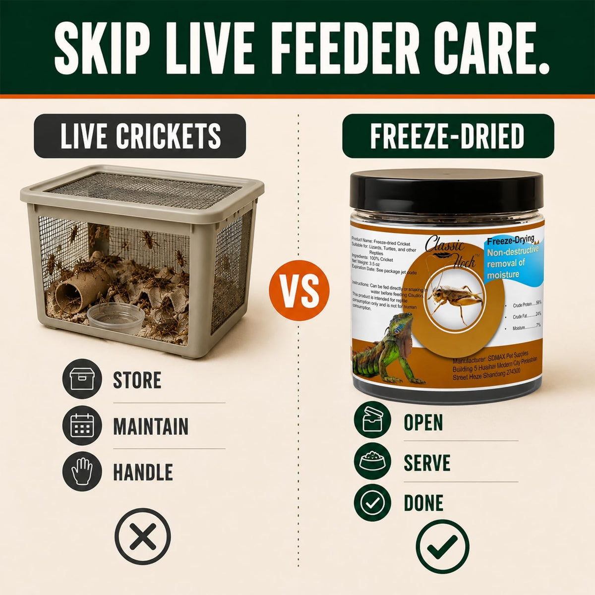 Classic Flock 3.5 oz Freeze Dried Crickets for Bearded Dragons Reptile Food