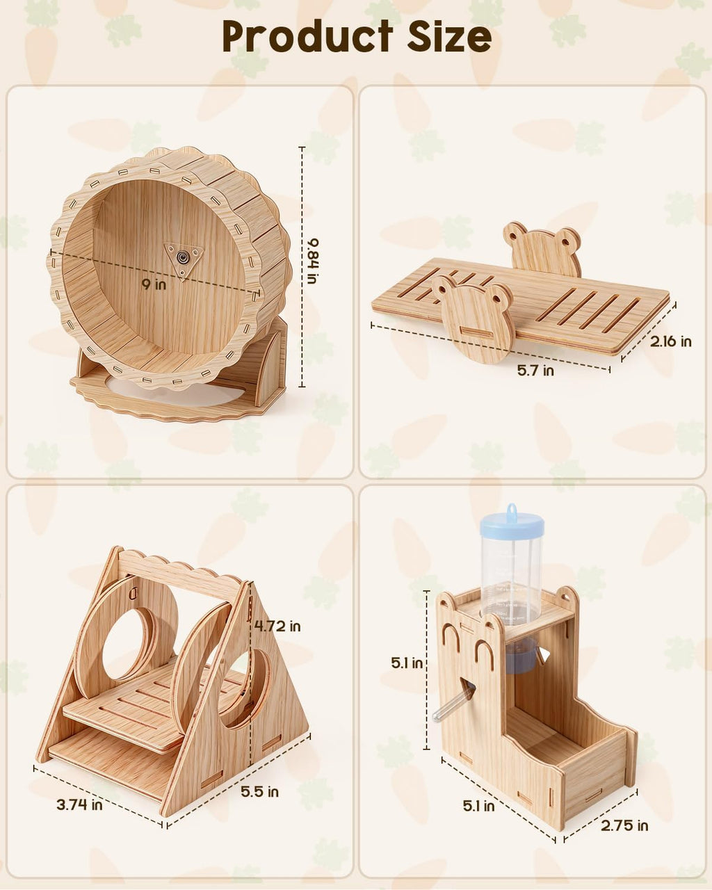 10 Pcs Hamster Cage Accessories Set - Silent Wheel & Wood Maze Habitat Kit