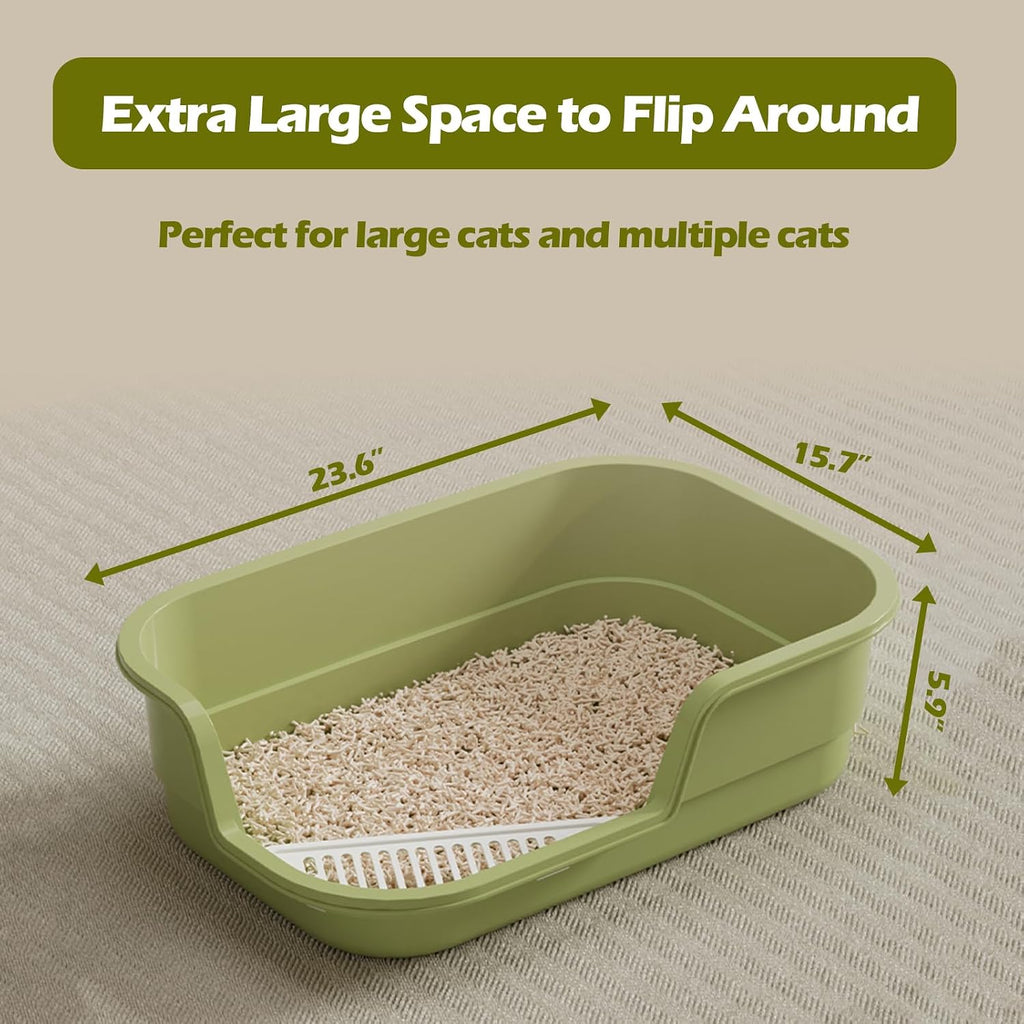 Extra Large Cat Litter Box with High Sides,Cats Boxes for Indoor Cats,Cat Litter Pan for Kitty,Litter Box with Low Entry,Easy to Clean,Anti-Splashing,23.6" x15.7" x5.9" (Green)