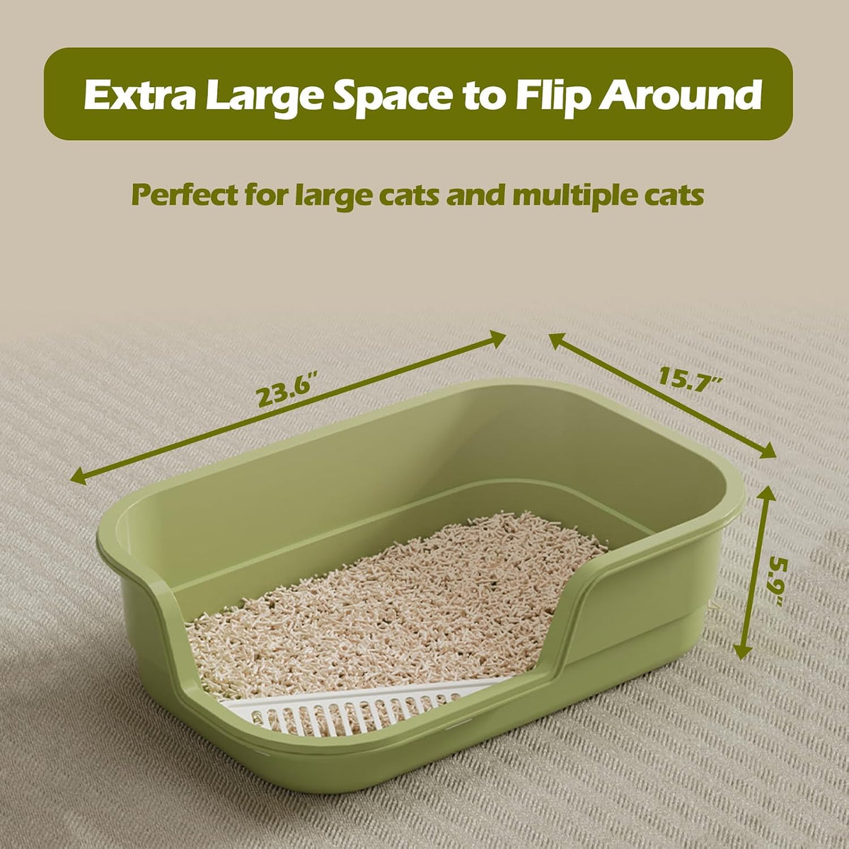 Extra Large Cat Litter Box with High Sides,Cats Boxes for Indoor Cats,Cat Litter Pan for Kitty,Litter Box with Low Entry,Easy to Clean,Anti-Splashing,23.6" x15.7" x5.9" (Green)