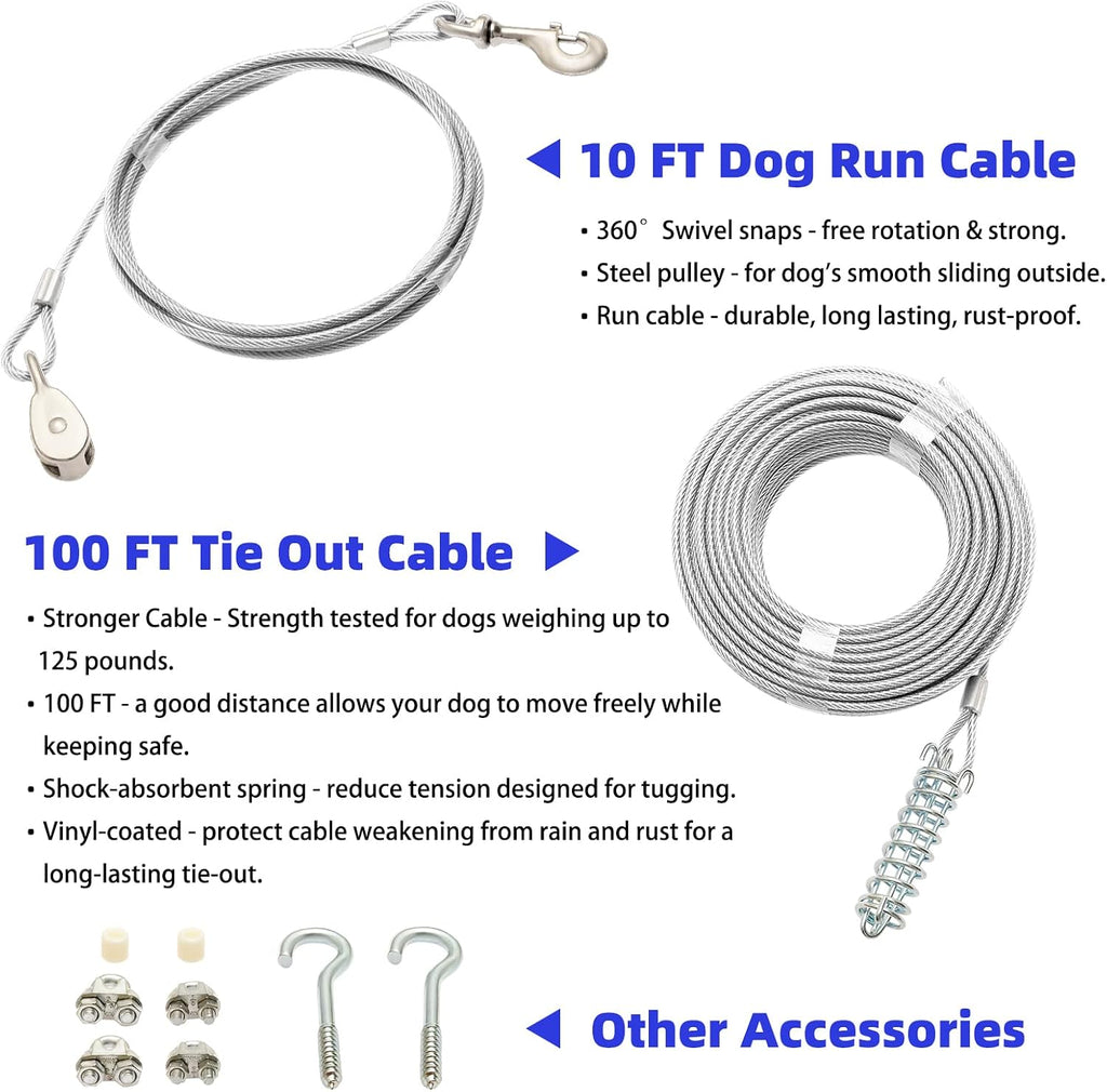 PUPTECK Outdoor Dog Run Cable for Small to Large Dogs up to 125lbs, Heavy Duty Tie Out Cable Trolley System with Runner Pulley Cable Zip Line for Yard, Camping, Long Lead Chain Leash