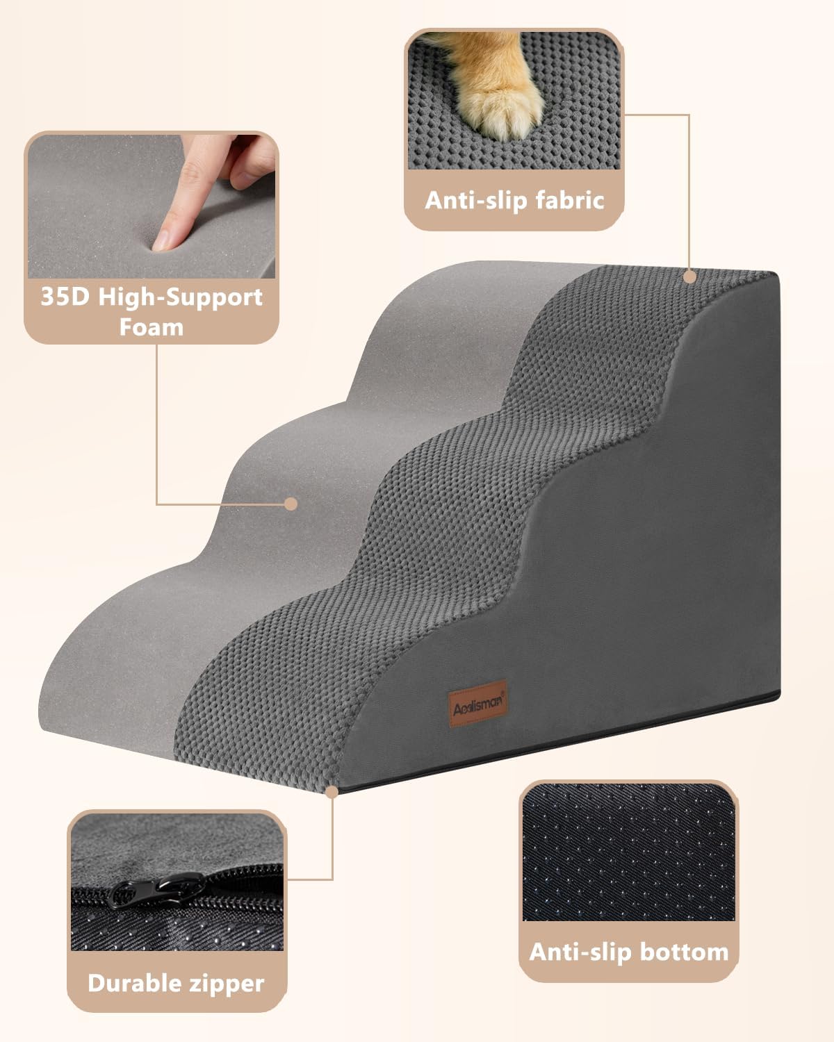 Aodisman Dog Stairs for Small Dogs,3 Step Dog Ramp for Couch,Non-Slip Steps