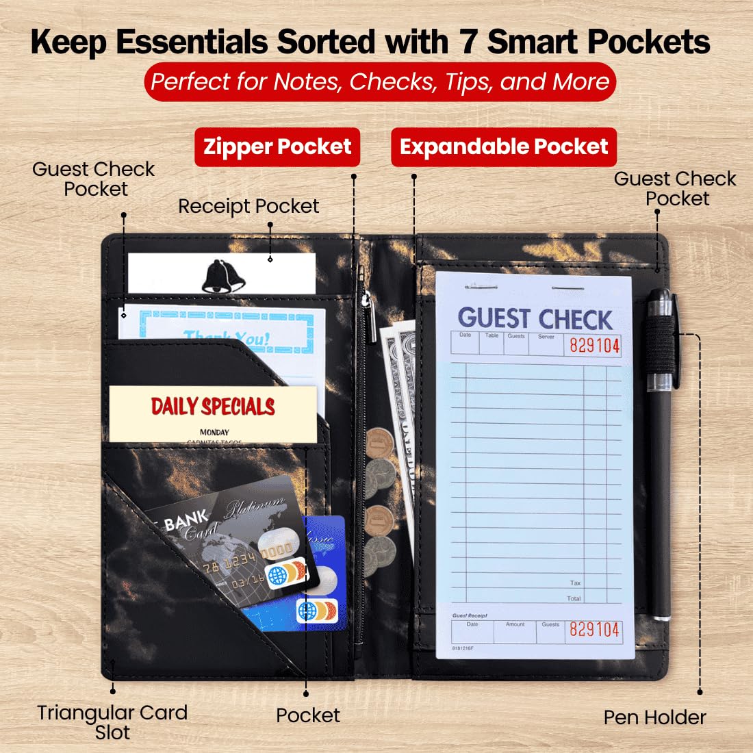 LINTRU 5x8 Server Book, 7 Pocket Zipper Organizer, Fits Apron, Marble Black