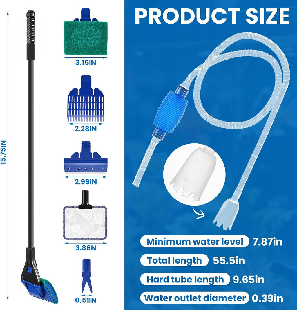 Aquarium Fish Tank Cleaning Tool Kit Include 4 Pcs Long Aquascape Tools Kit 1 Pcs Magnetic Glass Cleaner Brush 5 in 1 Fish Tank Gravel Cleaner and Siphon Vacuum for Terrarium Fish Tank Set