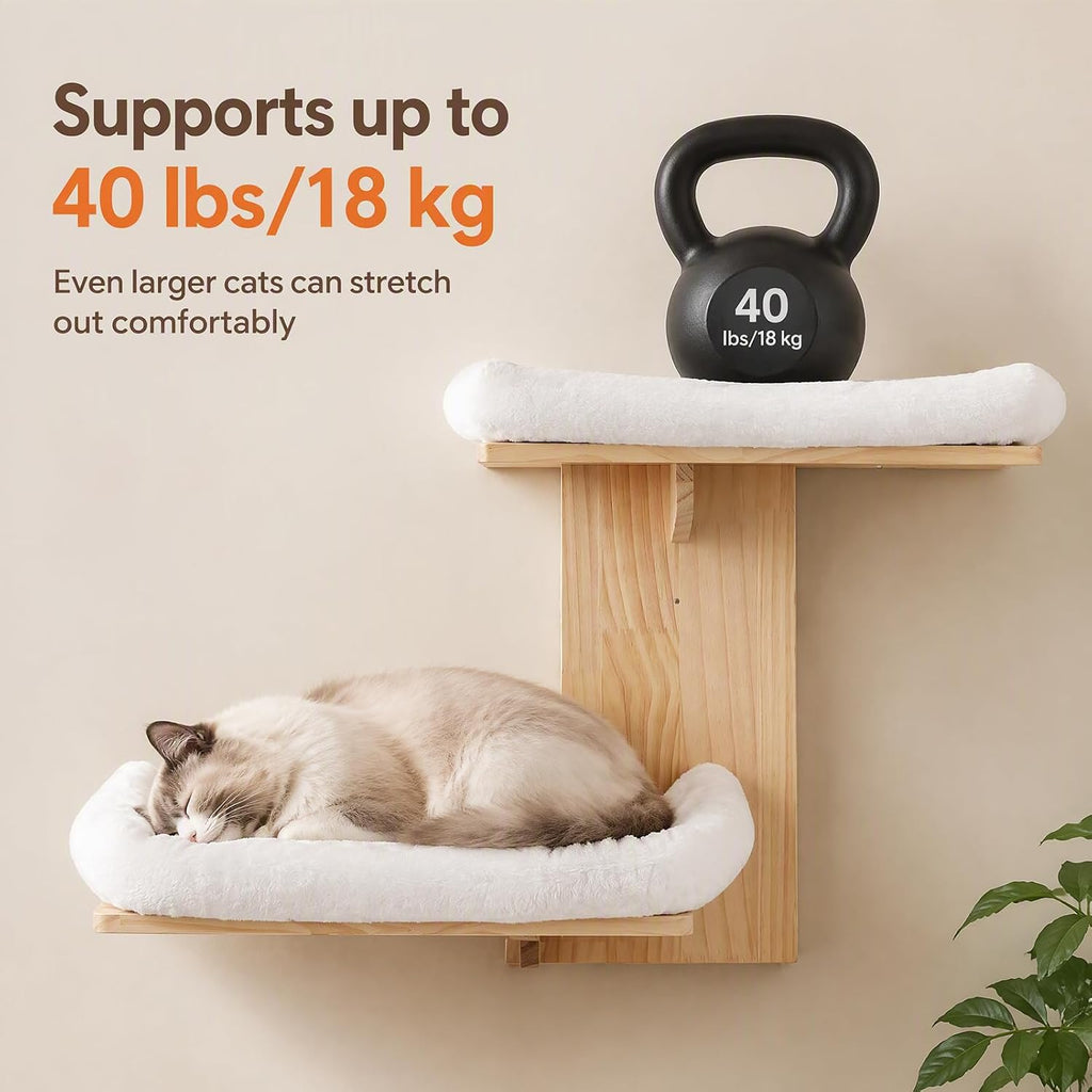 Gugxiom 2 Platform Cat Wall Shelves, 21.2 * 29.5" Wall Mounted Cat Shelves | Pine Wood Wall Mounted Cat Shelves, with Soft Cushion, for Climb/Play/Nap