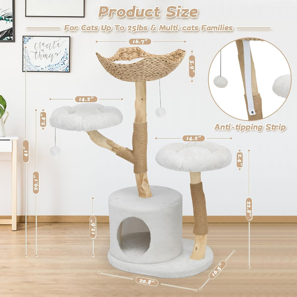 41“ Solid Wood Cat Tree Tower, Modern Cat Tree Aesthetic Multi-Level Flower Perches, Scratching Post, Luxury Boho Cat Furniture Condo & Wicker Basket for Indoor Cats