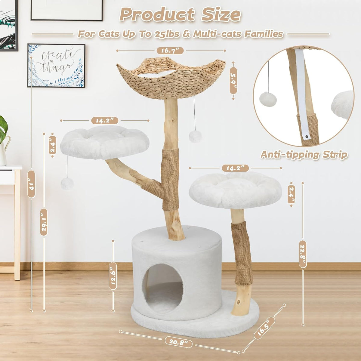 41“ Solid Wood Cat Tree Tower, Modern Cat Tree Aesthetic Multi-Level Flower Perches, Scratching Post, Luxury Boho Cat Furniture Condo & Wicker Basket for Indoor Cats