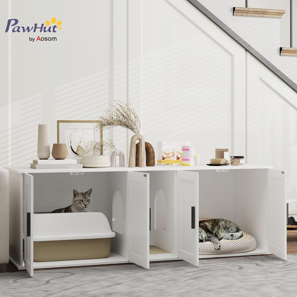 PawHut Cat Litter Box Enclosure for 2 Cats, Hidden Litter Box Furniture with Double Room, Scratching Mat, Kitty Washroom Furniture, 57" x 19" x 20", White