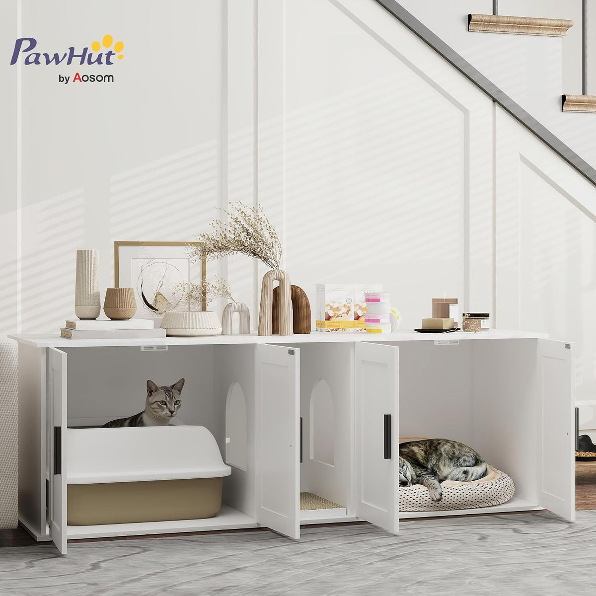 PawHut Cat Litter Box Enclosure for 2 Cats, Hidden Litter Box Furniture with Double Room, Scratching Mat, Kitty Washroom Furniture, 57" x 19" x 20", White