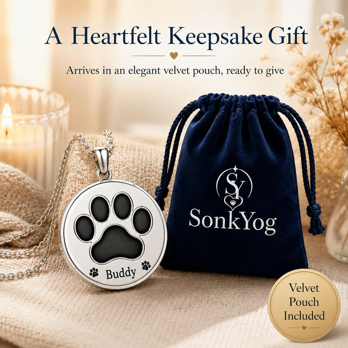 Buddy Pet Memorial Necklace for Ashes, Pre-Engraved Paw Print Cremation Urn Pendant for Dog, 316L Stainless Steel Twist-Open Keepsake, Sympathy Gift — Name Reads Buddy, Not Customizable