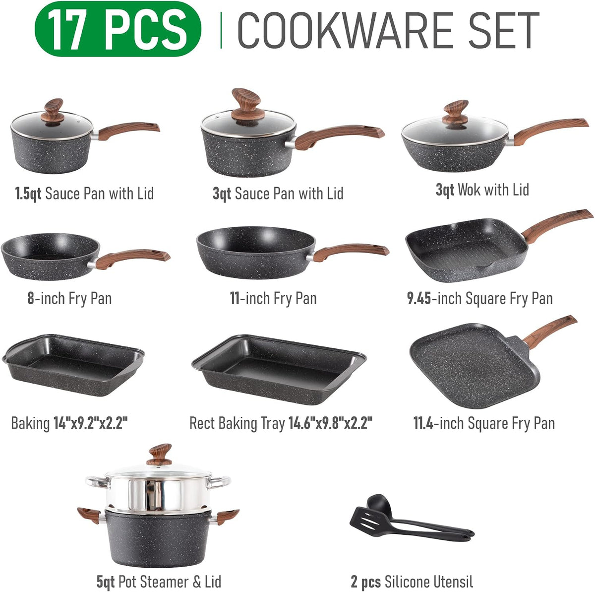 17 Piece Pots and Pans Set, Induction Kitchen Cookware Sets