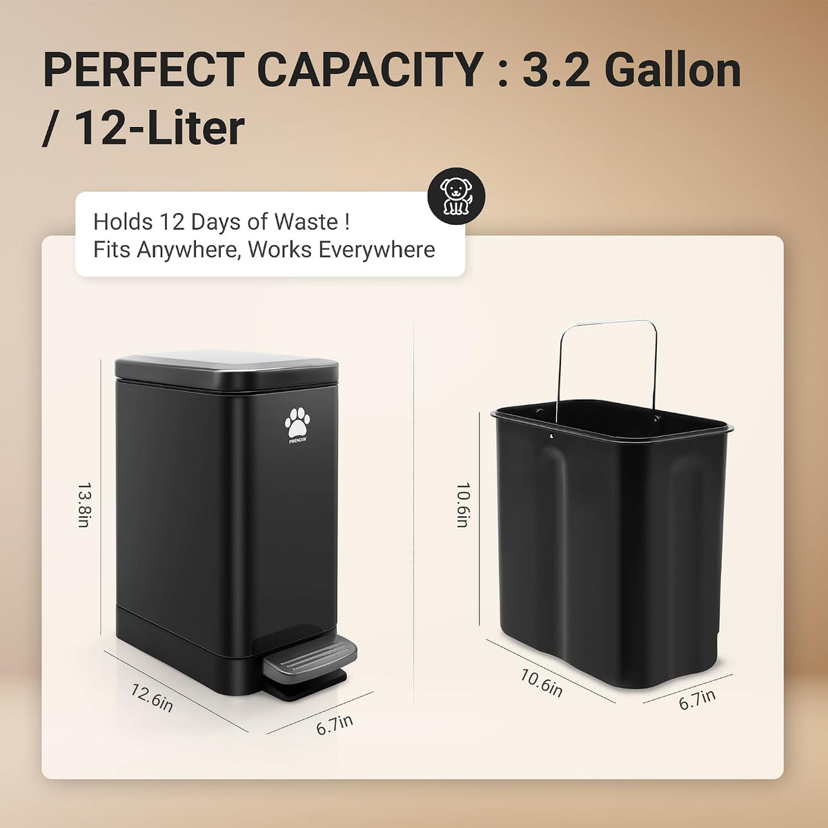 Dog Poop Trash Can with Scooper, 12L Outdoor Metal Waste Bin for Yard