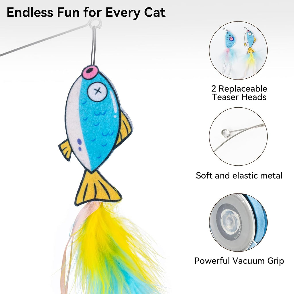 Migipaws Automatic Cat Wand Toy with Suction Cup, Cute Cat Base, Rechargeable Interactive Teaser for Indoor Cats