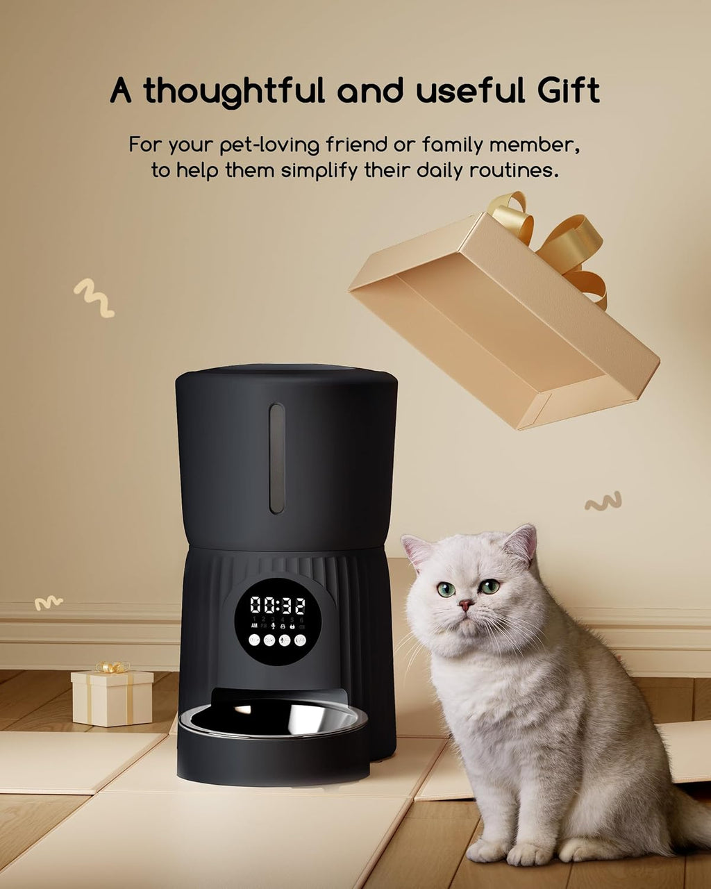 Faroro Automatic Cat Feeder, 4L Cat Food Dispenser with Portion Control, 1-6 Meals Per Day, 10s Voice Recording, Slow Feed, Dual Power Supply for Cats and Small Dogs (Black)