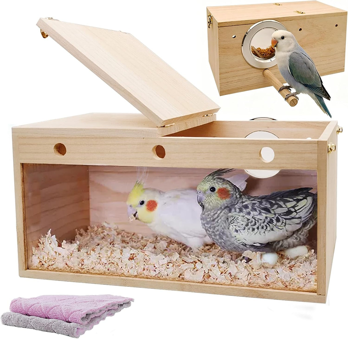 Parakeet Nesting Box with Acrylic Window, Natural Wood Breeding Box with Perch and Top-Open Lid, Bird Cage Nest House for Cockatiel Budgie Lovebirds Conure, Medium 9.8 x 4.7 x 4.9 in