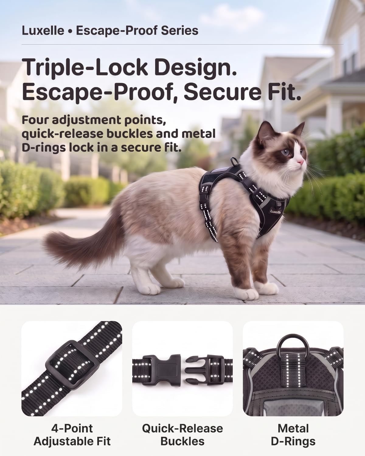 Luxelle Escape Proof Cat Harness with Retractable Leash & Wrist Strap Set