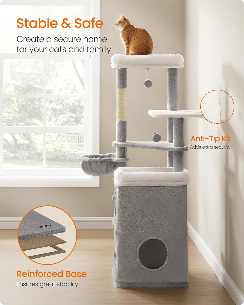 Feandrea Cat Tree Indoor, 60" Multiple-Level Plush Cat Tower, Dove Gray