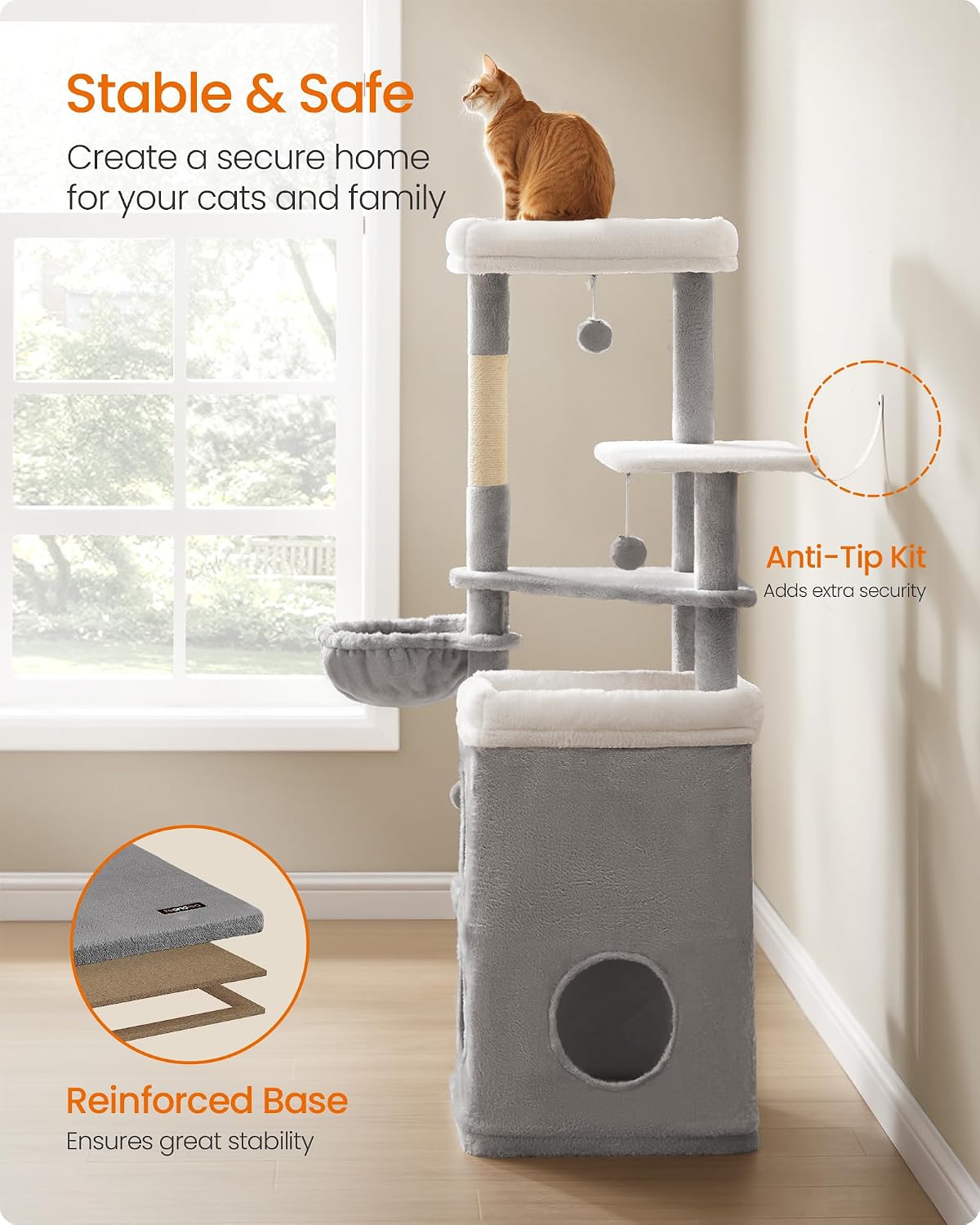 Feandrea Cat Tree Indoor, 60" Multiple-Level Plush Cat Tower, Dove Gray