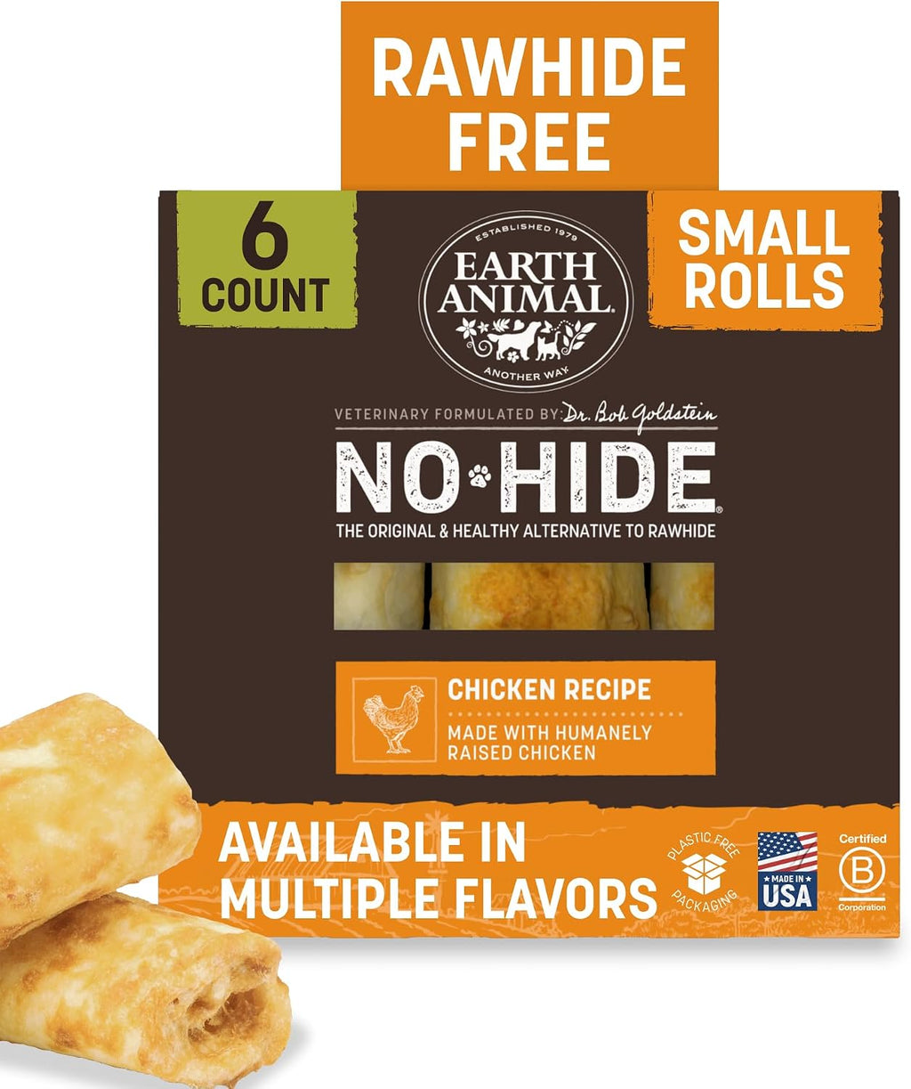 Earth Animal No Hide Dog Chews - Long Lasting Small Rolls, Chicken, 6 Count