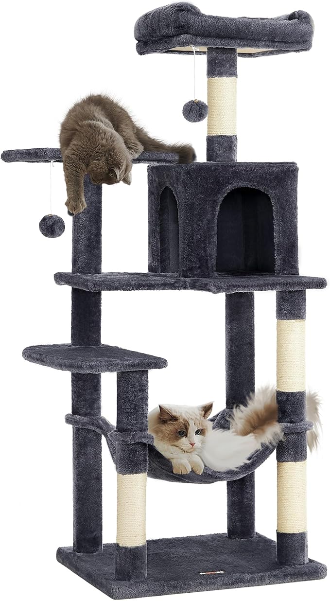 Feandrea Cat Tree, 55.1-Inch Cat Tower, Plush Multi-Level Condo by FeandreabySONGMICSHOME