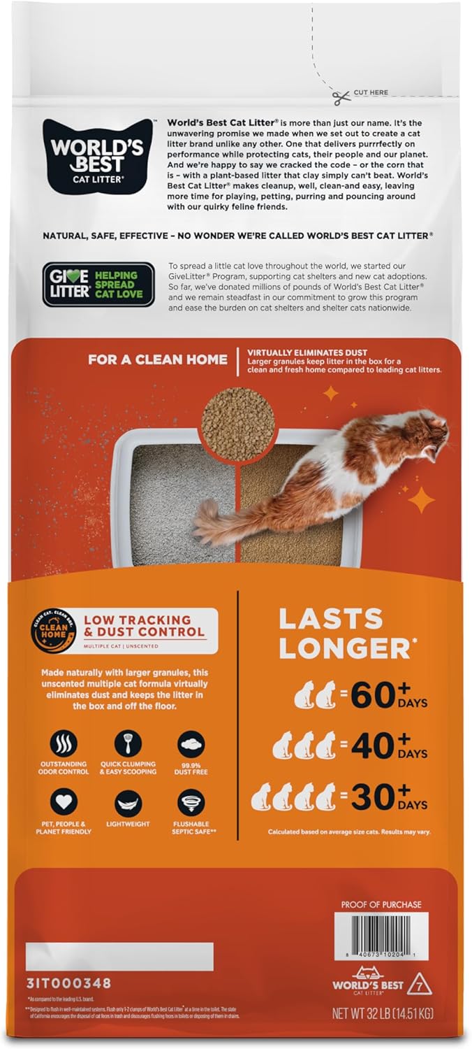 World's Best Cat Litter Low Tracking & Dust Control, Unscented, 32 lb Bag